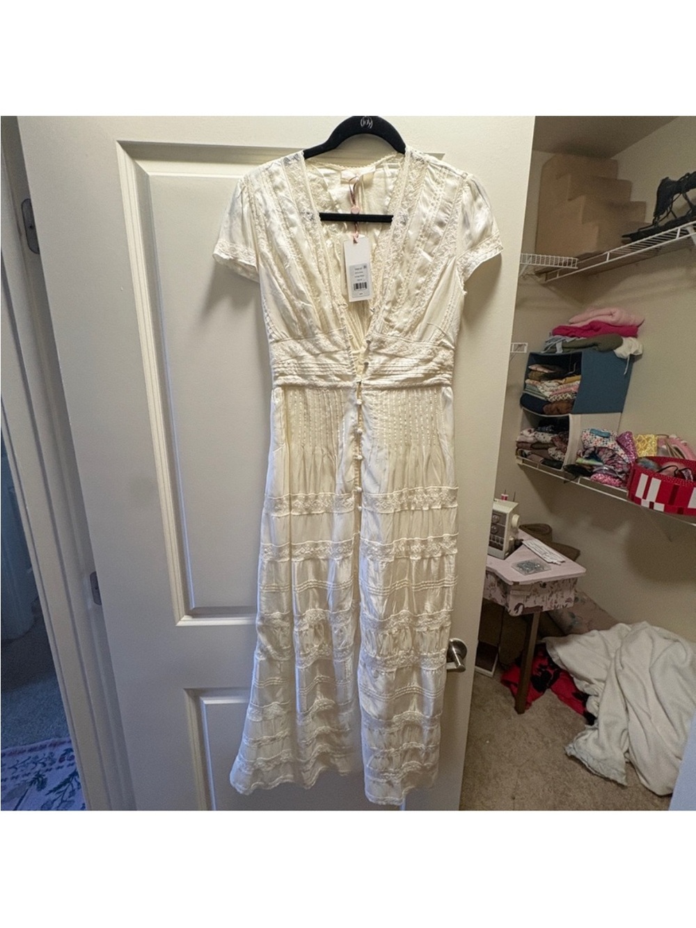 NWT LoveShackFancy Ellitia Dress Antique Whote Maxi Dress with Lace Trim